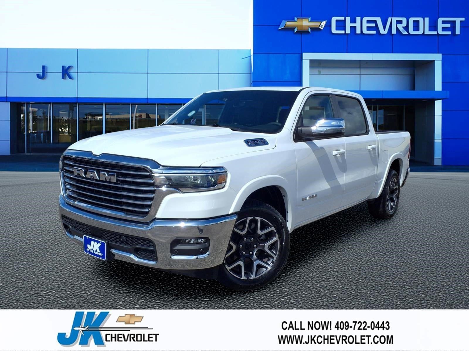 2026 RAM 1500 Laramie in White — front three-quarter view